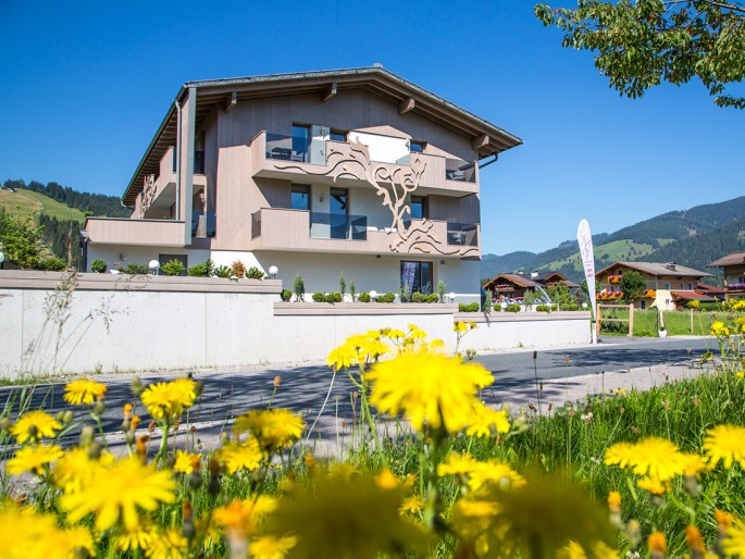 Enjoy the alps Haupthaus im Sommer von der gegenüberliegenden Straßenseite